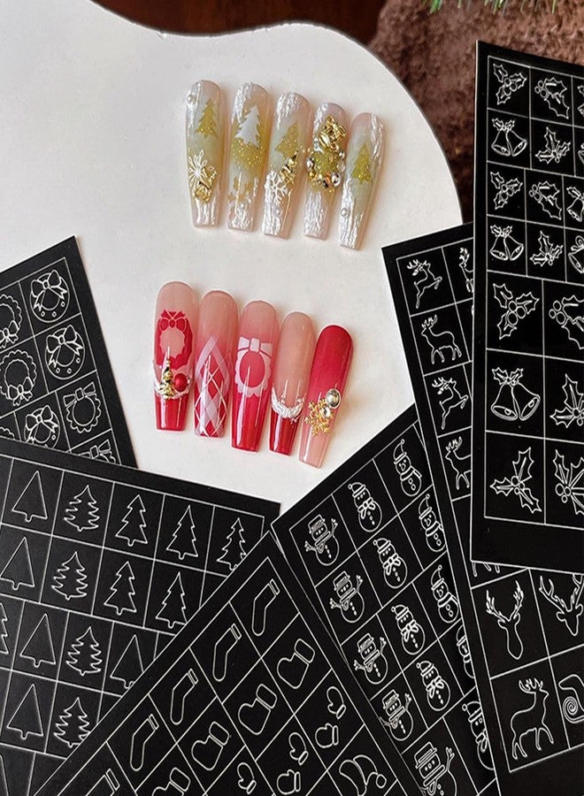 KRTBKR 6 Sheets Christmas Nail Guides 3D Xmas Trees Snowman Elk Nail Art Stickers Airbrush Nail Stencils Stickers Hollow Guides Nail Decals for Women Acrylic Nails Decoration Winter Stencil Tools - Image 2